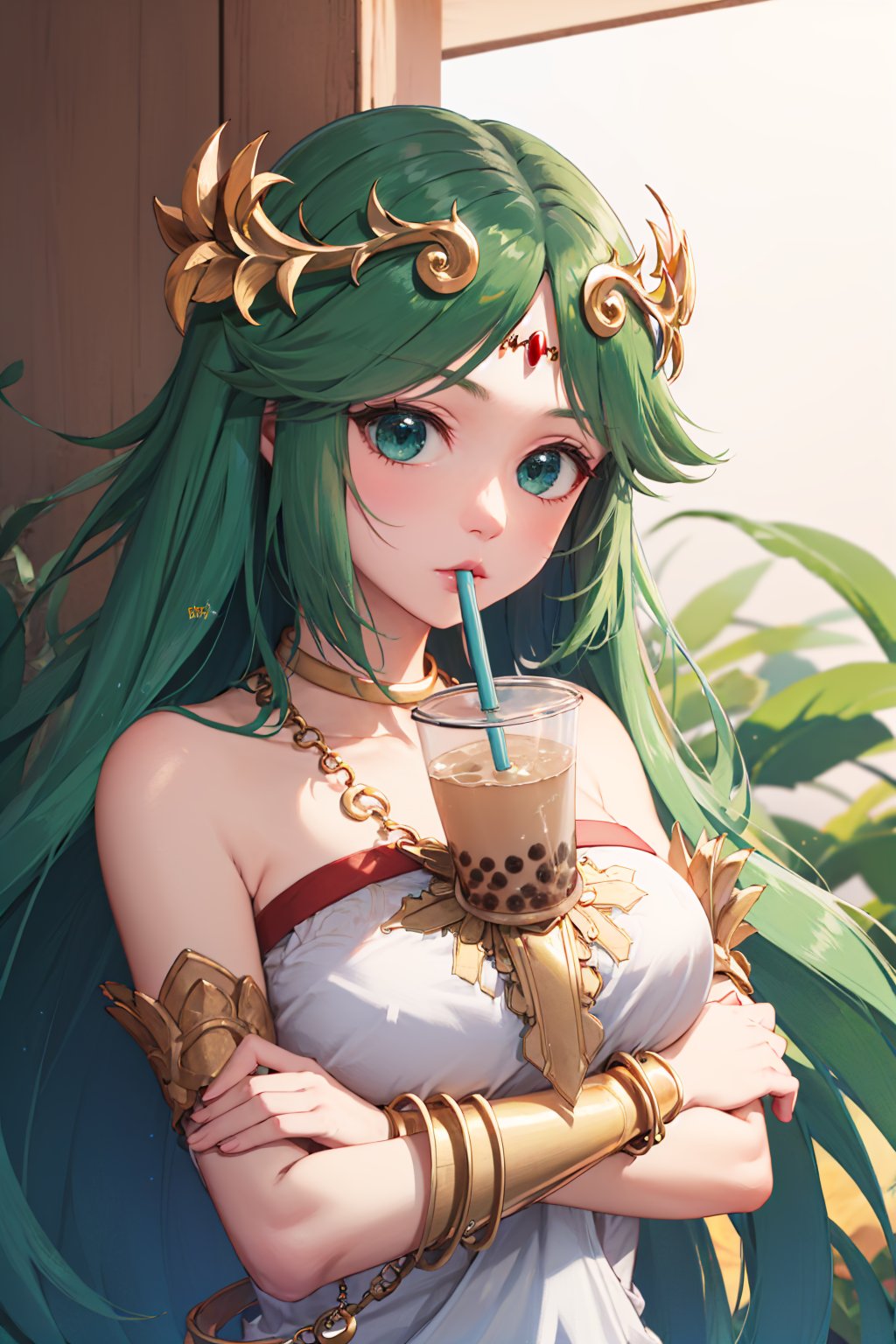 00012-3472008501-(masterpiece, best quality_1.2), , , solo, 1girl, palutena, bubble tea challenge, drinking straw, crossed arms, forehead jewel,.jpg